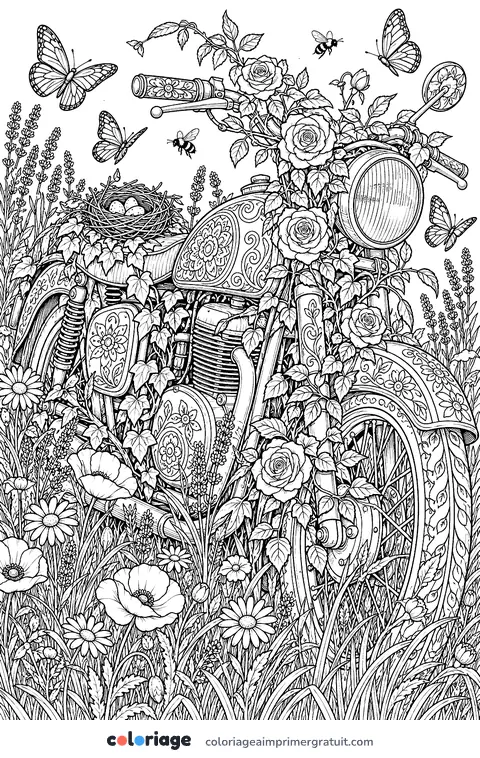 Coloriage moto en fleurs
