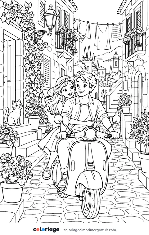 Coloriage scooter dans la ruelle