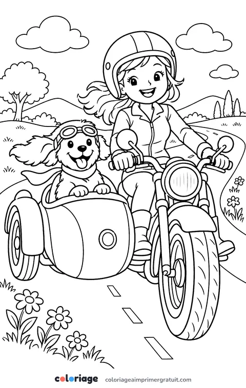 Coloriage side-car et son chien