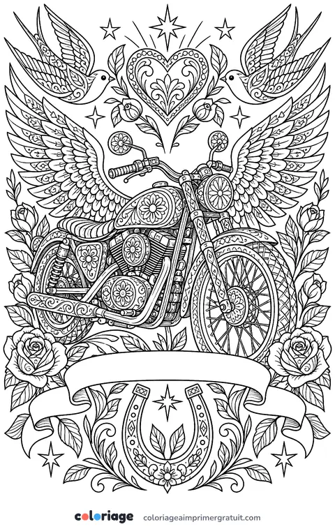 Coloriage moto façon tatouage