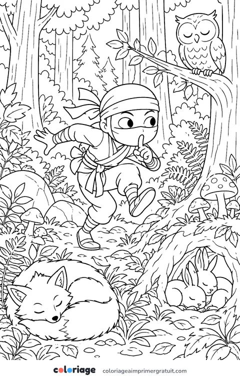 Coloriage le ninja et les animaux endormis