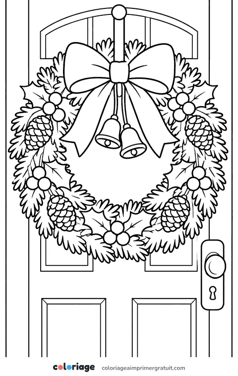 Coloriage couronne de Noël sur la porte