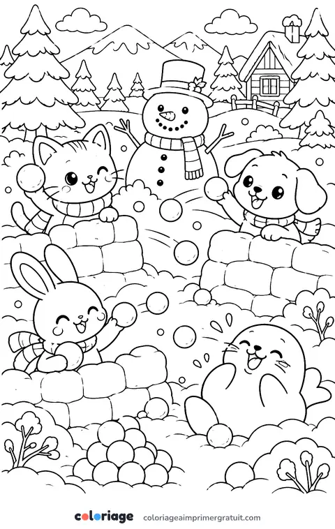 Coloriage bataille de boules de neige kawaii