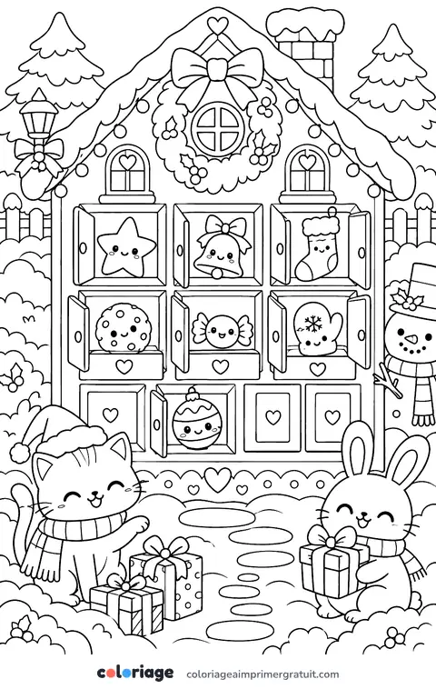 Coloriage calendrier de l’Avent kawaii