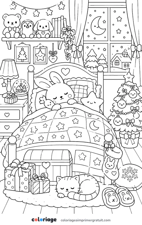 Coloriage nuit de Noël kawaii