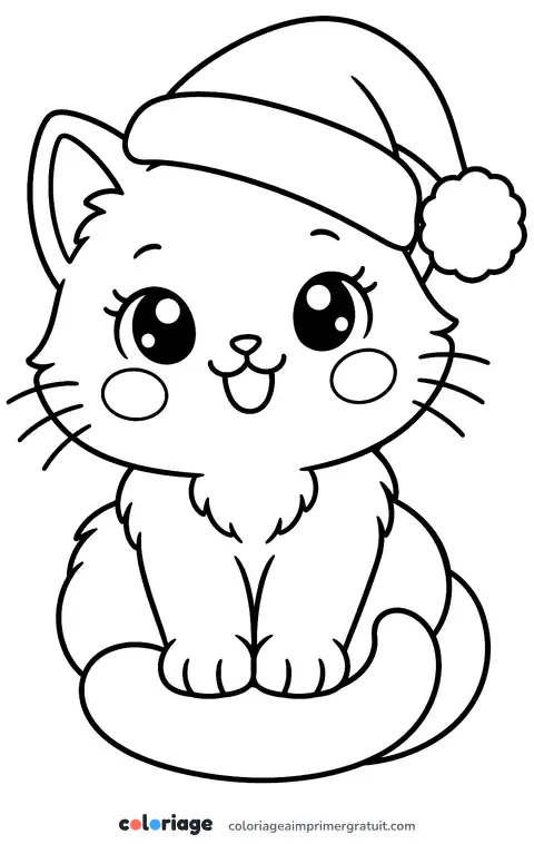 Coloriage chaton au bonnet de Noël