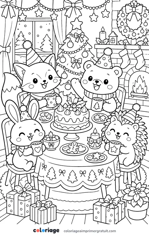 Coloriage fête de Noël des animaux