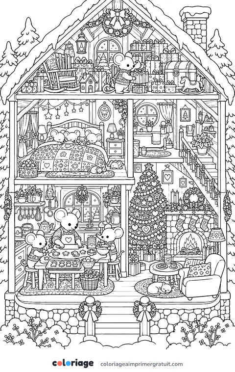 Coloriage maison des souris un soir de Noël