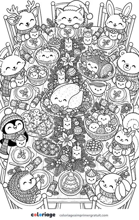 Coloriage repas de Noël kawaii