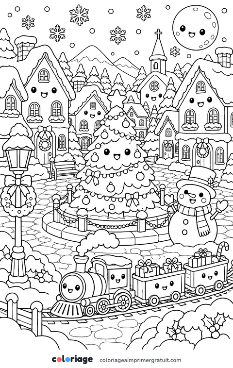 Coloriage village de Noël kawaii