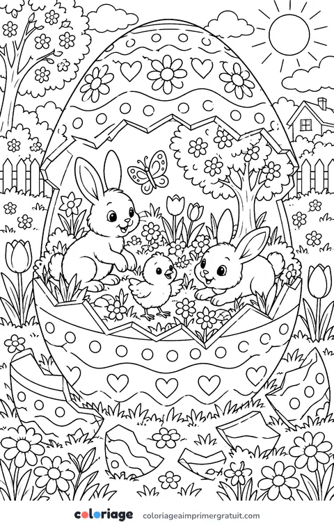 Coloriage œuf géant ouvert sur le printemps