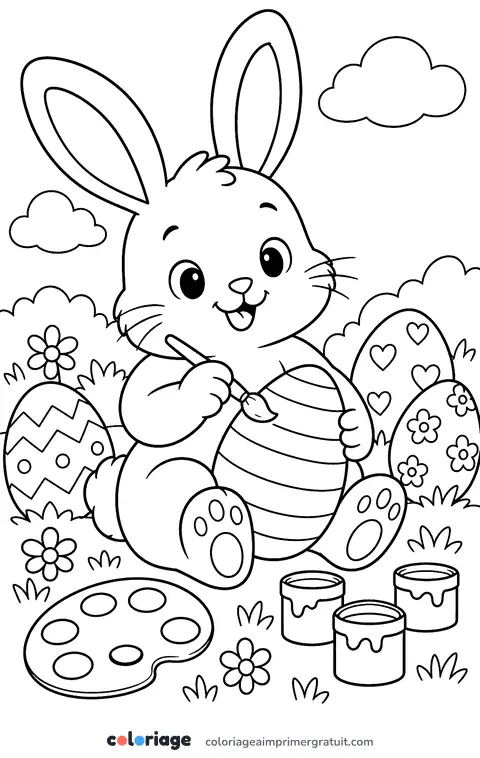 Coloriage lapin qui peint un œuf
