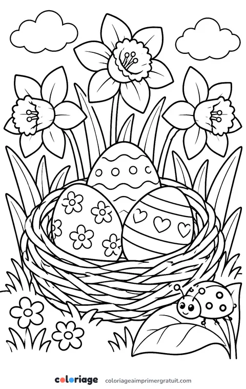 Coloriage nid d’œufs dans les jonquilles