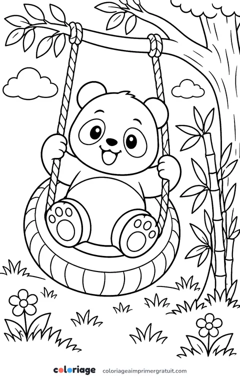 Coloriage panda sur la balançoire