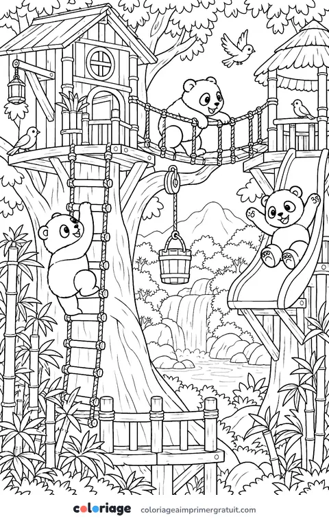 Coloriage cabane des pandas