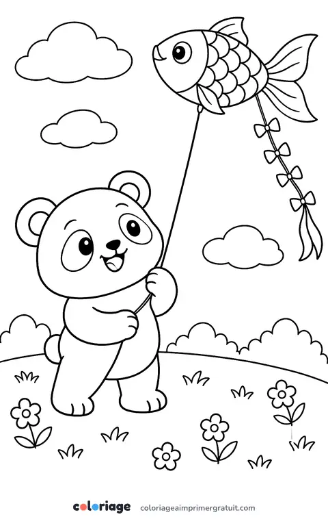 Coloriage panda et cerf-volant