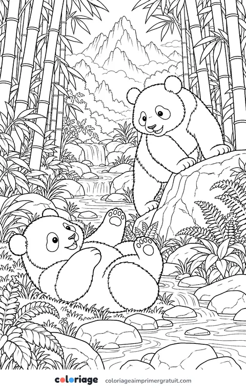 Coloriage pandas dans la forêt de bambous