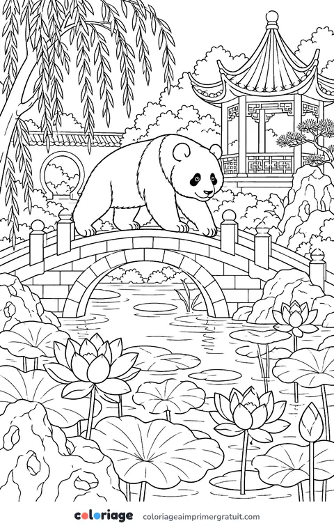 Coloriage panda au jardin chinois