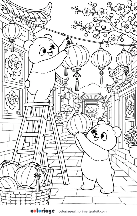 Coloriage pandas et lanternes du Nouvel An chinois