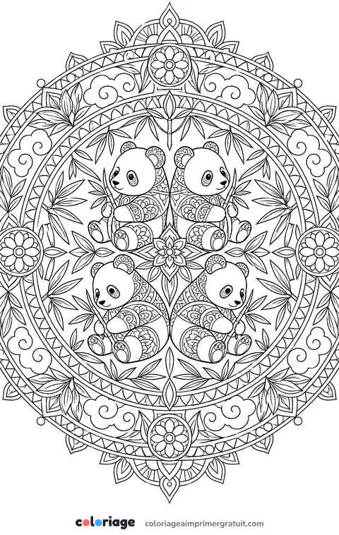 Coloriage mandala de pandas et bambous