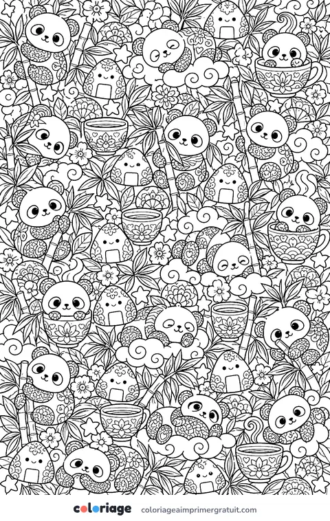 Coloriage motif pandas kawaii