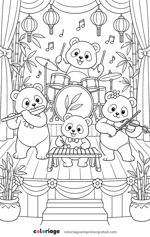 Coloriage orchestre des pandas