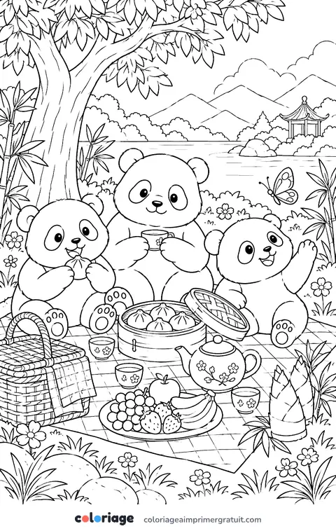 Coloriage pique-nique des pandas