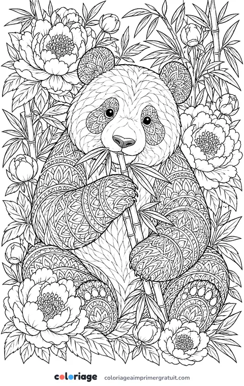 Coloriage panda et pivoines