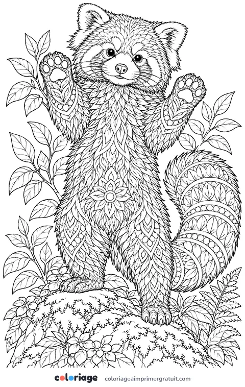 Coloriage panda roux réaliste debout