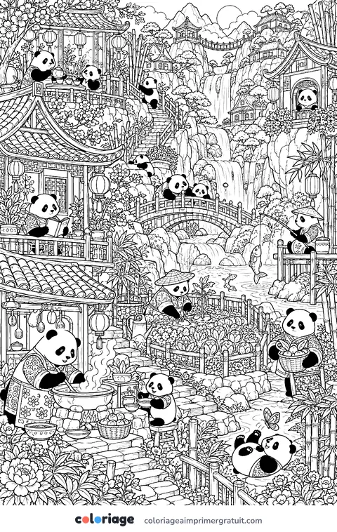 Coloriage village des pandas