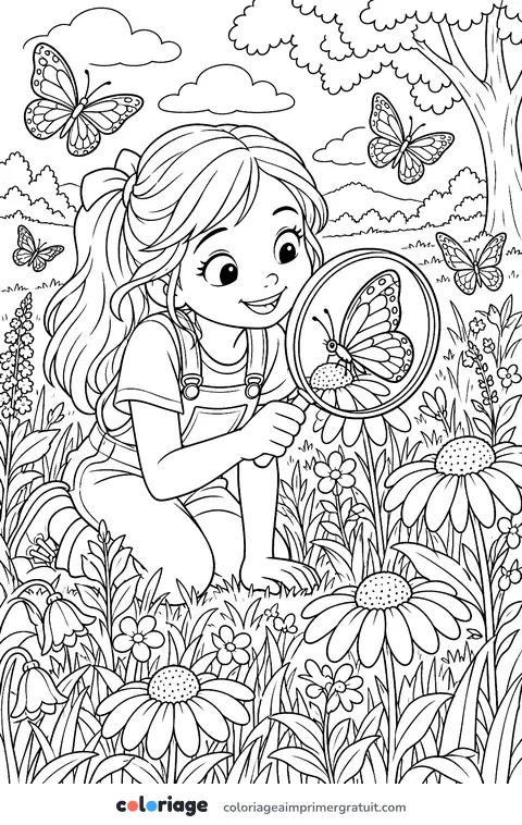 Coloriage enfant et papillons dans la prairie
