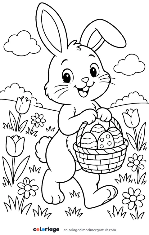 Coloriage lapin et son panier d’œufs