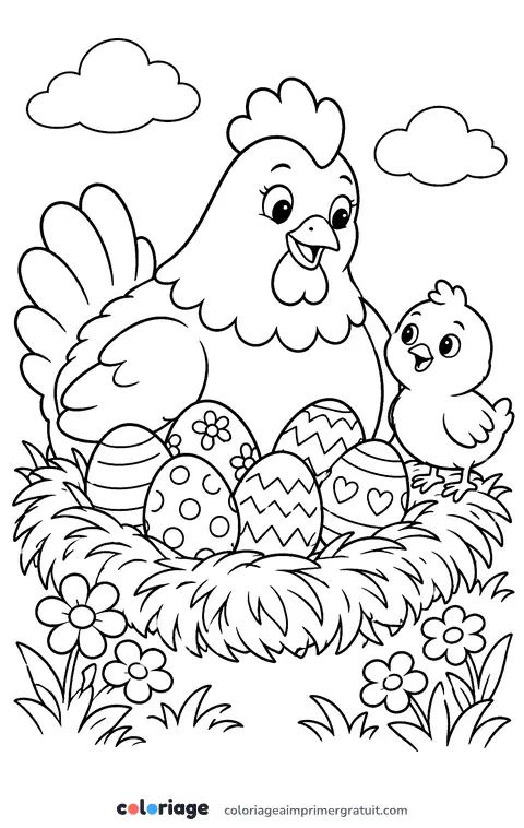 Coloriage poule sur son nid