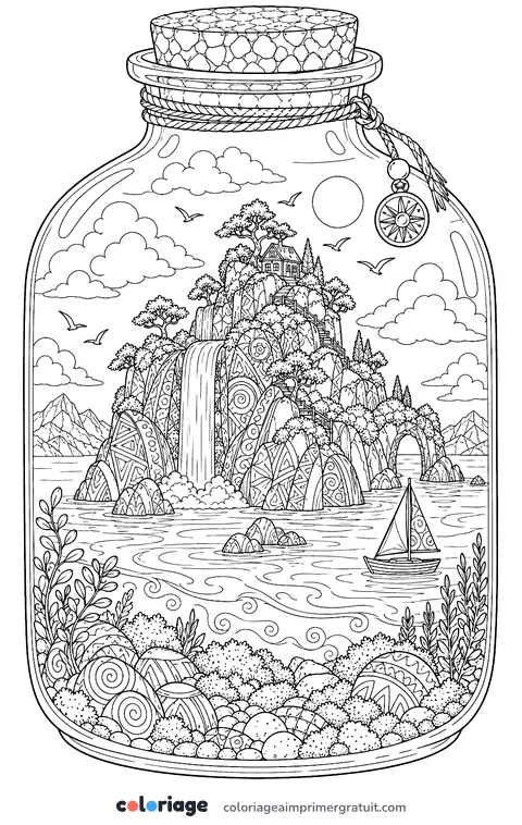 Coloriage paysage dans un bocal