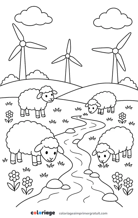 Coloriage éoliennes et moutons
