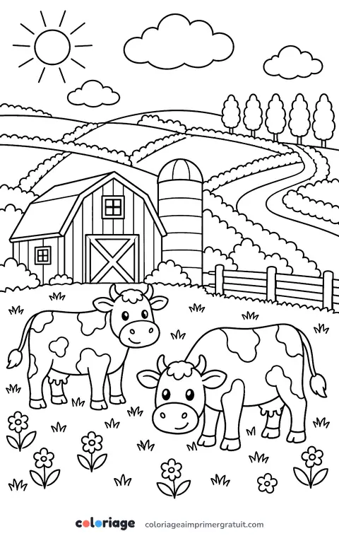 Coloriage ferme et champs