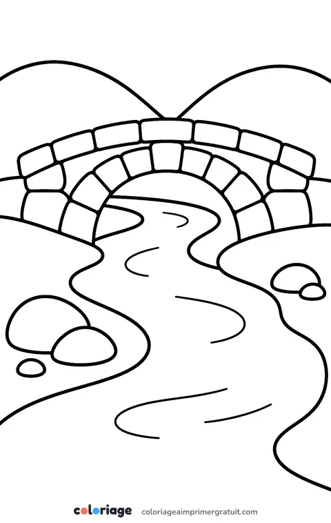 Coloriage rivière et pont de pierre