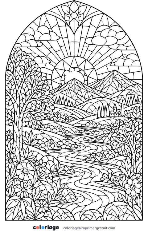 Coloriage paysage vitrail
