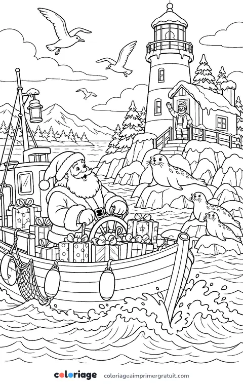 Coloriage père Noël en bateau