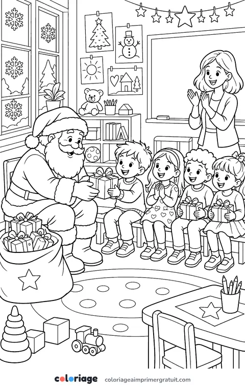 Coloriage le Père Noël à l’école
