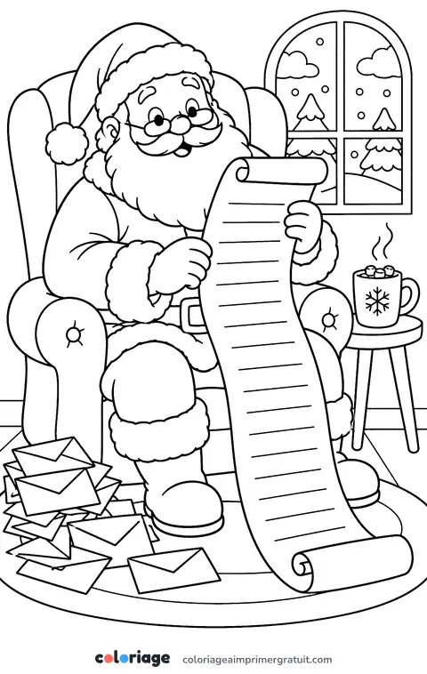Coloriage le Père Noël lit les lettres