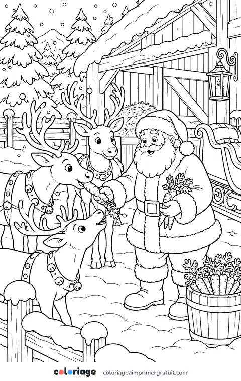 Coloriage le Père Noël et ses rennes
