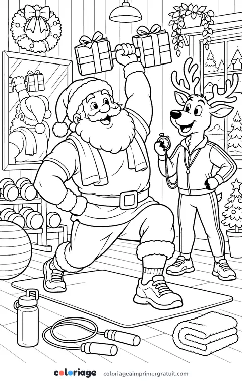 Coloriage le Père Noël s’entraîne