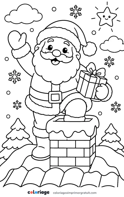 Coloriage père Noël sur le toit