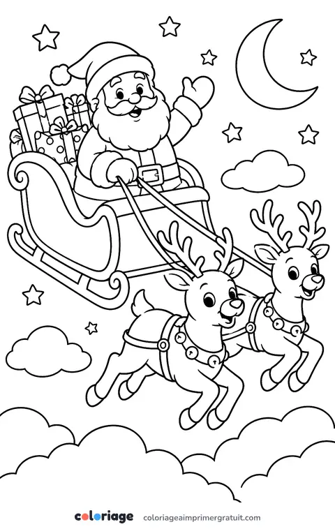 Coloriage père Noël dans son traîneau