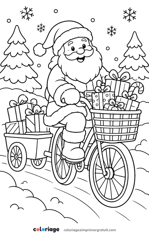 Coloriage père Noël à vélo