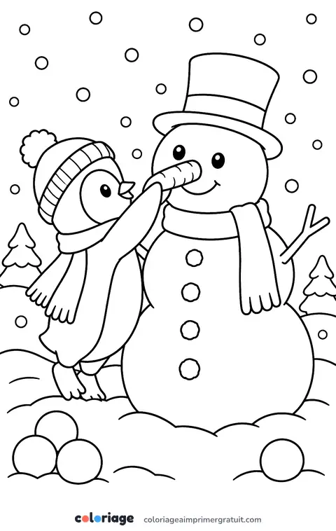Coloriage pingouin et bonhomme de neige