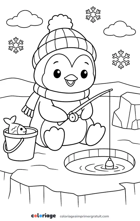 Coloriage pingouin à la pêche