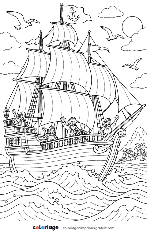 Coloriage navire pirate en mer