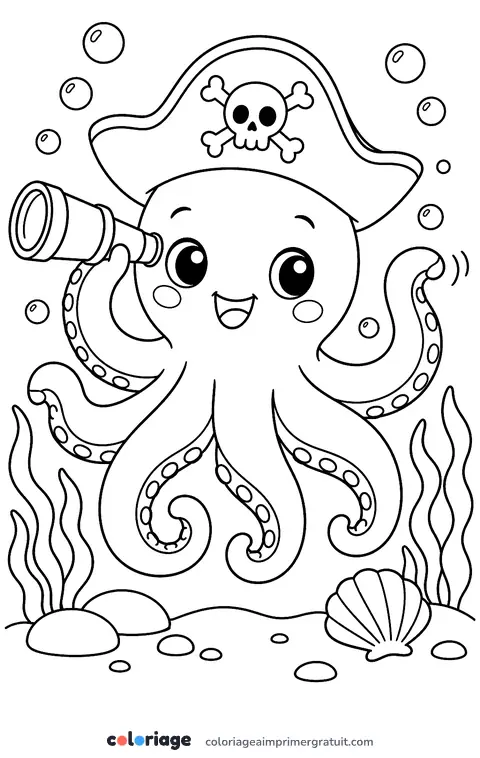 Coloriage poulpe pirate kawaii